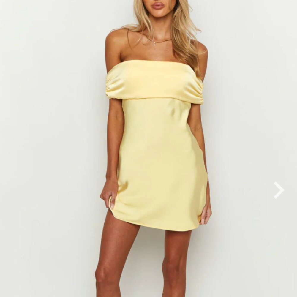 BEGINNING BOUTIQUE: Primrose Yellow Satin Off the Shoulder Mini Dress